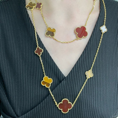 [Glow Muse]CLOVER 16 MOTIF CARNELIAN TIGER EYE ROSE GOLD NECKLACE