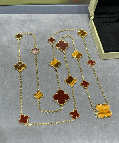 [Glow Muse]CLOVER 16 MOTIF CARNELIAN TIGER EYE ROSE GOLD NECKLACE