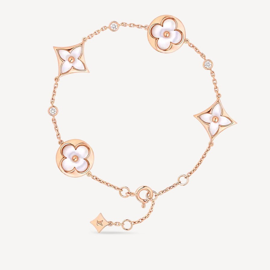 [Glow Muse]STAR AND SUN 4 MOTIF WHITE MOP PINK GOLD BRACELET