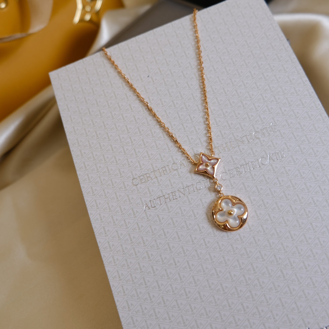 [Glow Muse]STAR AND SUN WHITE MOP 2 MOTIF PINK GOLD NECKLACE