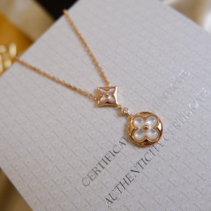 [Glow Muse]STAR AND SUN WHITE MOP 2 MOTIF PINK GOLD NECKLACE