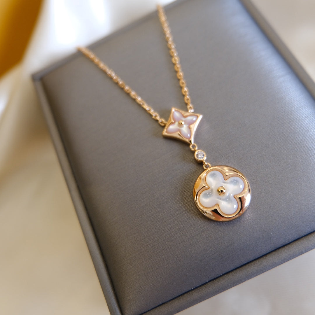 [Glow Muse]STAR AND SUN WHITE MOP 2 MOTIF PINK GOLD NECKLACE
