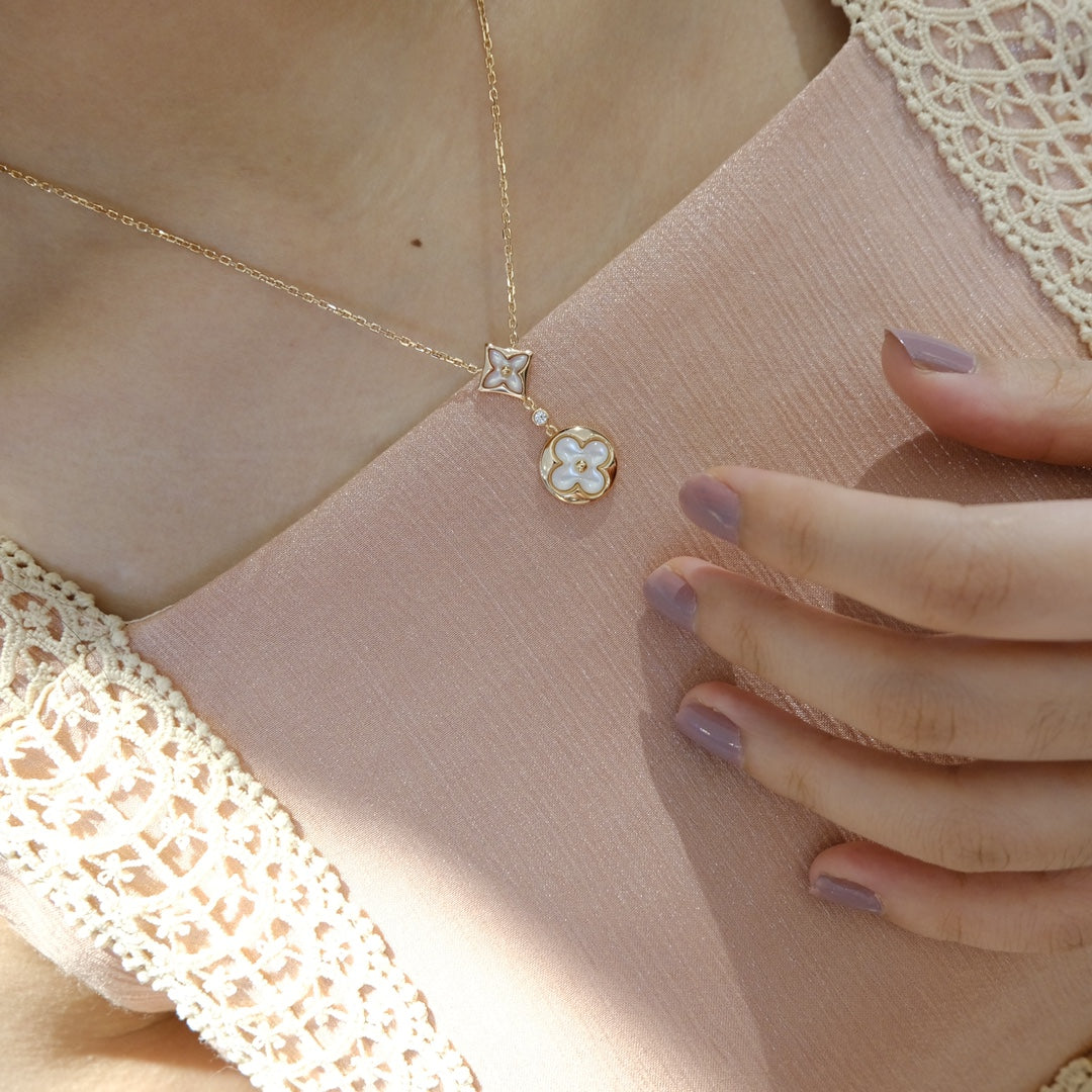 [Glow Muse]STAR AND SUN WHITE MOP 2 MOTIF PINK GOLD NECKLACE