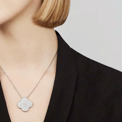 [Glow Muse]CLOVER 25MM LARGE PENDANT DIAMOND PAVED SILVER NECKLACE