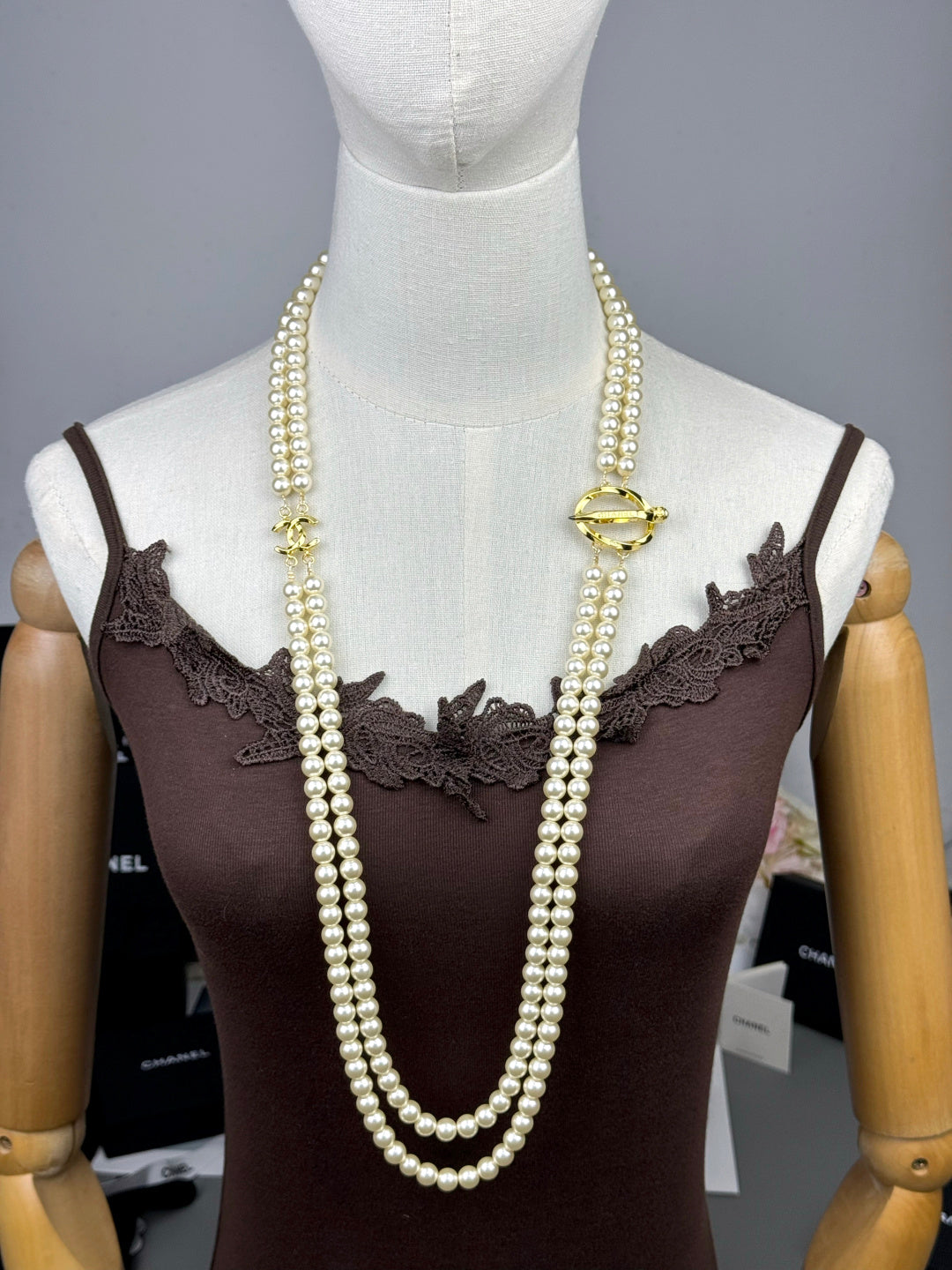 [Glow Muse]25K Pencil Double C Double-Layer Pearl Sweater Chain