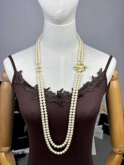 [Glow Muse]25K Pencil Double C Double-Layer Pearl Sweater Chain