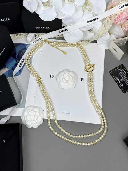 [Glow Muse]25K Pencil Double C Double-Layer Pearl Sweater Chain