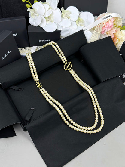 [Glow Muse]25K Pencil Double C Double-Layer Pearl Sweater Chain