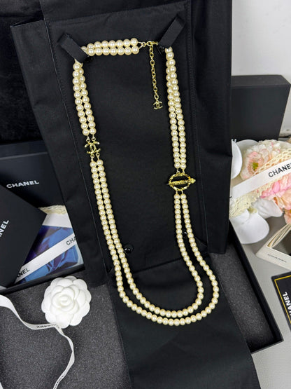 [Glow Muse]25K Pencil Double C Double-Layer Pearl Sweater Chain