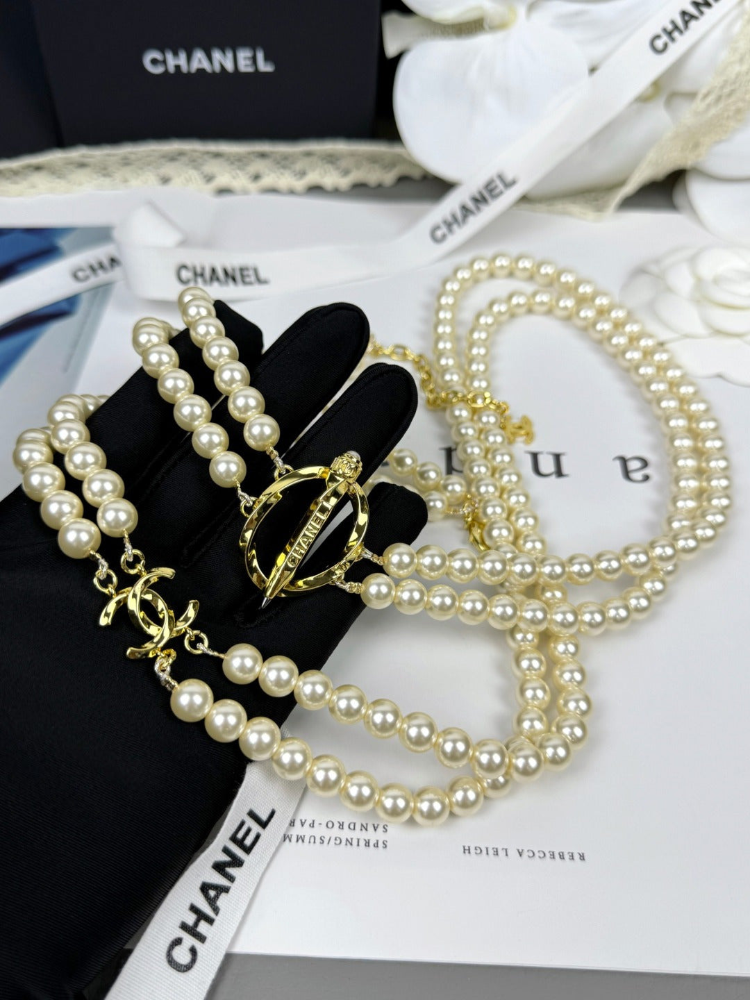 [Glow Muse]25K Pencil Double C Double-Layer Pearl Sweater Chain
