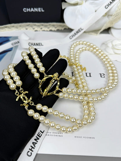 [Glow Muse]25K Pencil Double C Double-Layer Pearl Sweater Chain