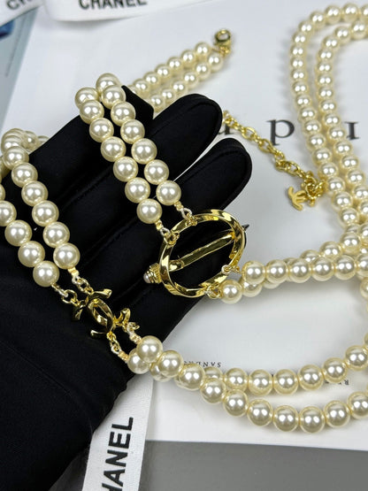 [Glow Muse]25K Pencil Double C Double-Layer Pearl Sweater Chain