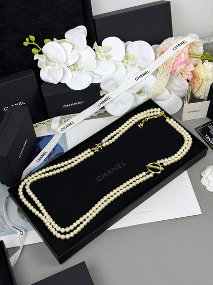 [Glow Muse]25K Pencil Double C Double-Layer Pearl Sweater Chain