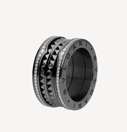 [Glow Muse]ZERO 1 ROCK FOUR-BAND BLACK CERAMIC WITH STUDDED SPIRAL AND PAVED DIAMONDS RING