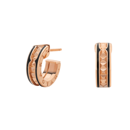 [Glow Muse]ZERO 1 ROCK PINK GOLD EARRINGS WITH STUDDED SPIRAL AND BLACK CERAMIC