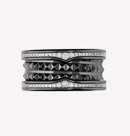 [Glow Muse]ZERO 1 ROCK FOUR-BAND BLACK CERAMIC WITH STUDDED SPIRAL AND PAVED DIAMONDS RING