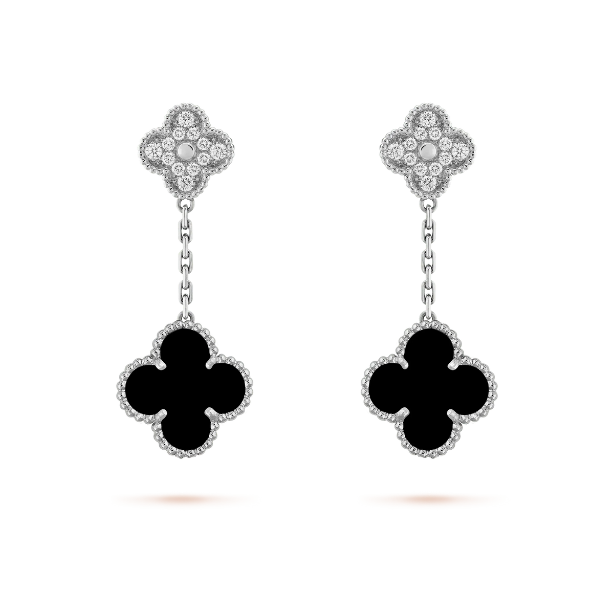 [Glow Muse]CLOVER 2 MOTIFS  DIAMOND ONYX EARRINGS SILVER