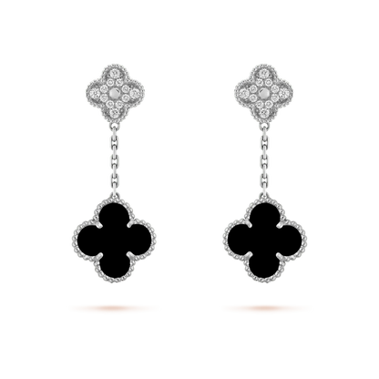 [Glow Muse]CLOVER 2 MOTIFS  DIAMOND ONYX EARRINGS SILVER