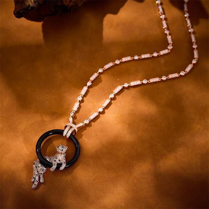 [Glow Muse jewelrys]NEW BLACK CIRCLE PANTHER FULL DIAMOND NECKLACE