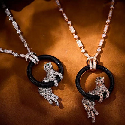 [Glow Muse jewelrys]NEW BLACK CIRCLE PANTHER FULL DIAMOND NECKLACE