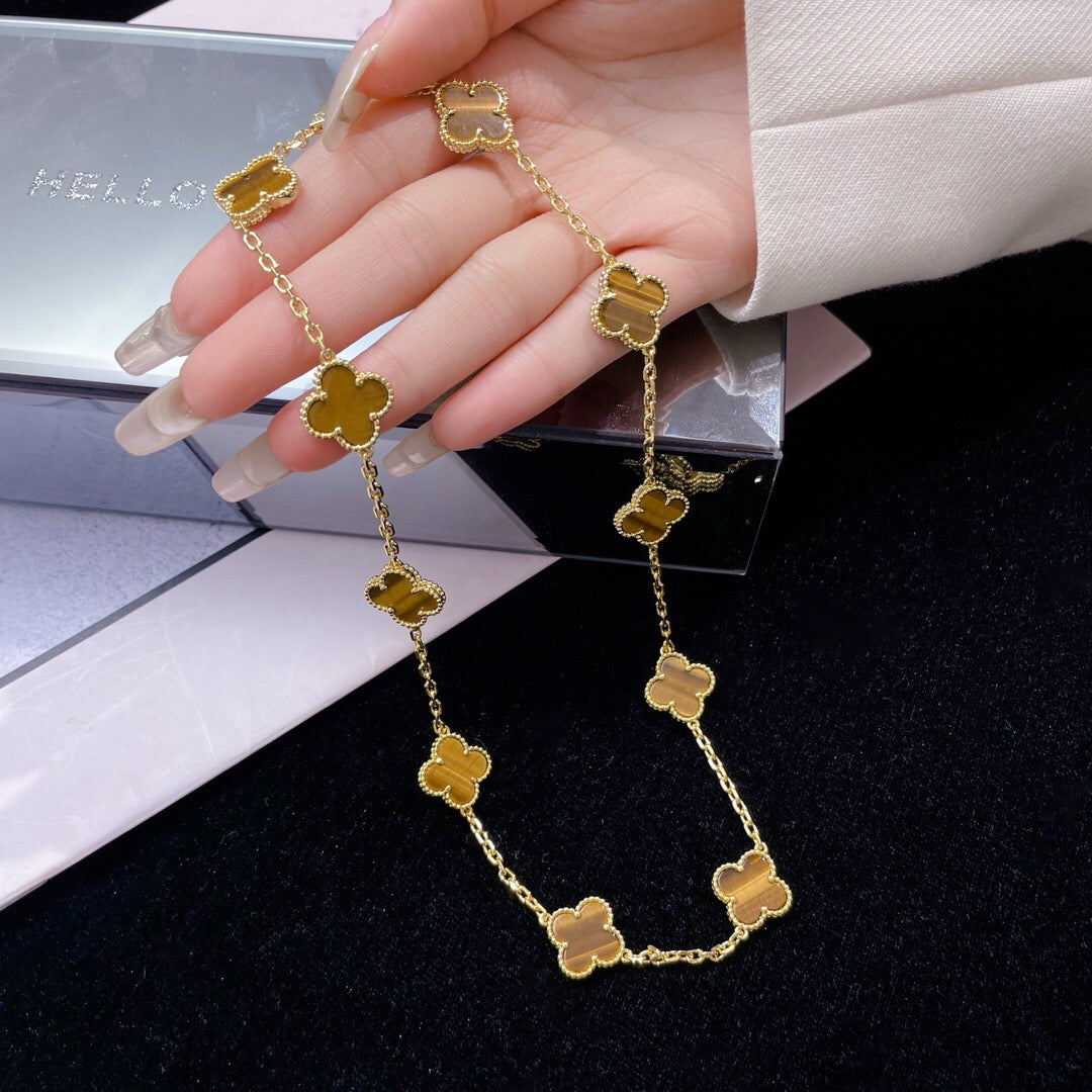 [Glow Muse]CLOVER 10 MOTIFS TIGER EYE NECKLACE