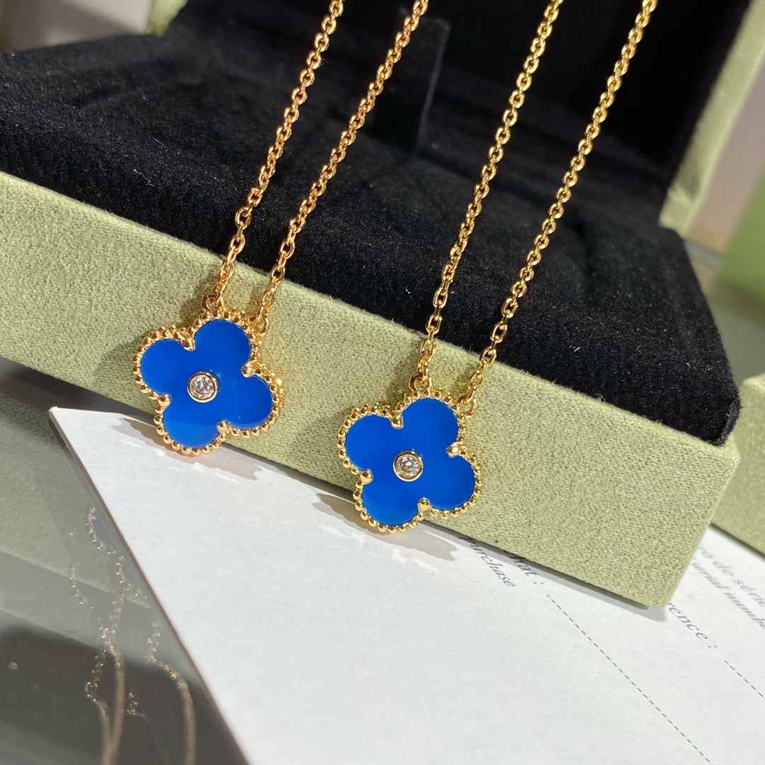 [Glow Muse]CLOVER 15MM DIAMOND AND BLUE AGATE NECKLACE