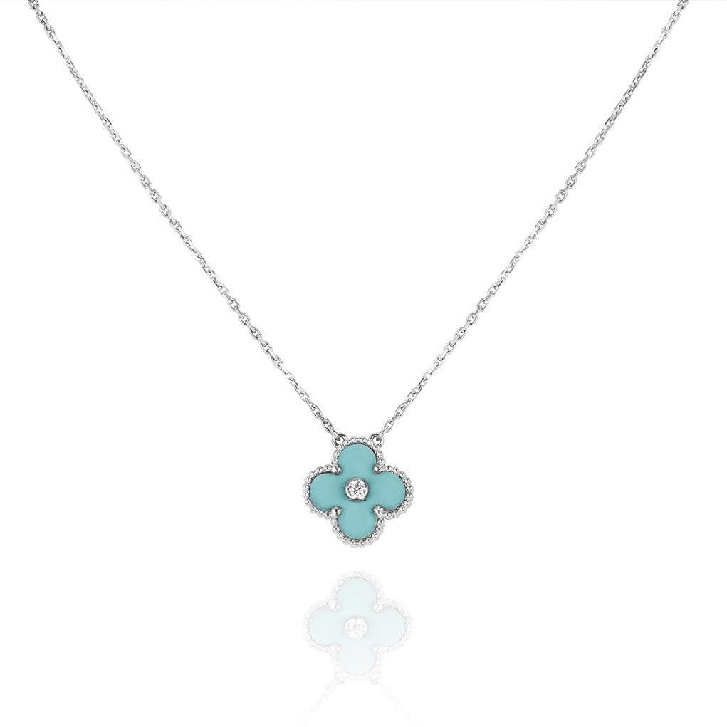 [Glow Muse]CLOVER 1 DIAMOND LIGHT BLUE SILVER NECKLACE