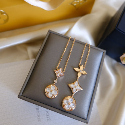 [Glow Muse]COLOR BLOSSOM LARIAT NECKLACE PINK GOLD WHITE MOTHER PEARL AND DIAMOND