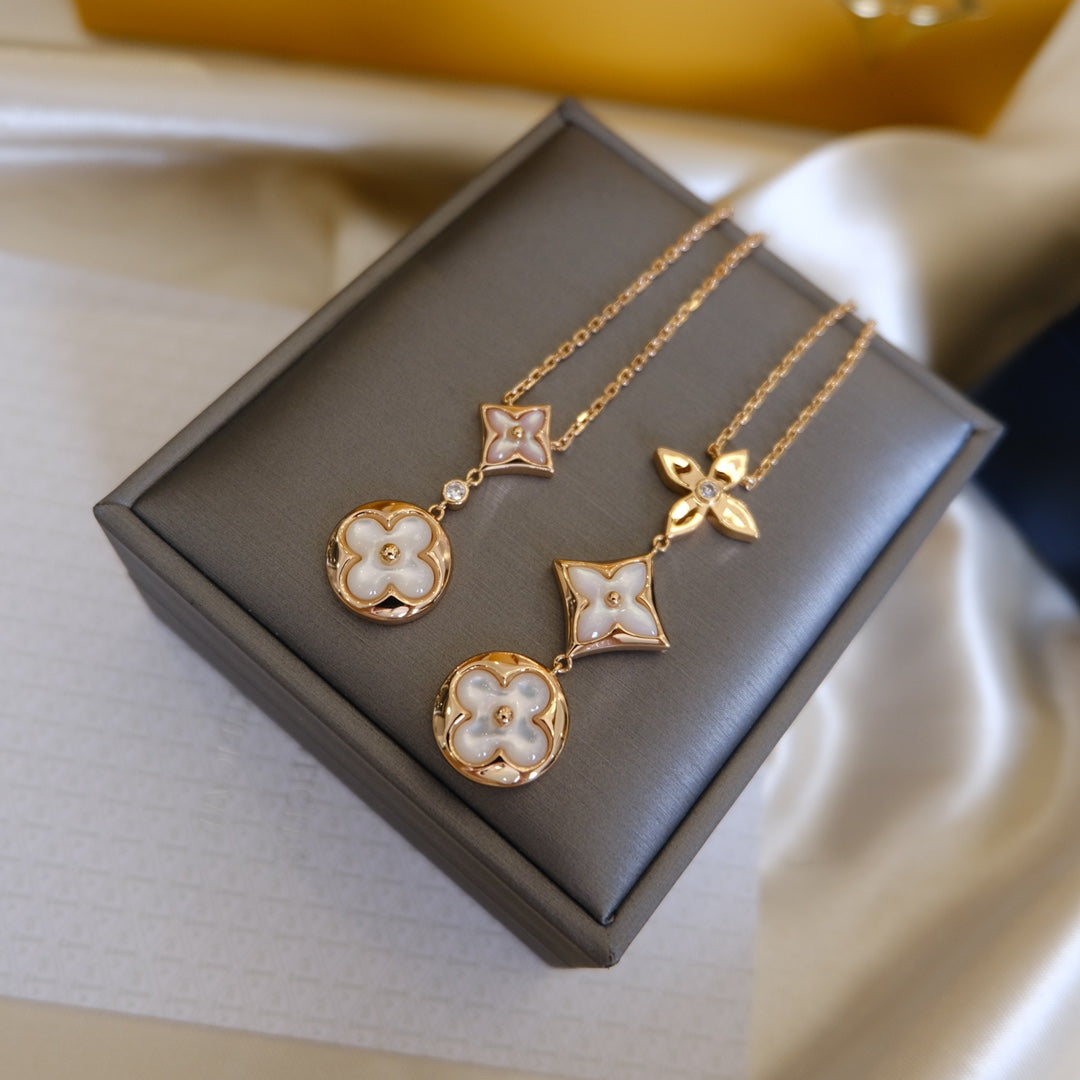 [Glow Muse]COLOR BLOSSOM LARIAT NECKLACE PINK GOLD WHITE MOTHER PEARL AND DIAMOND