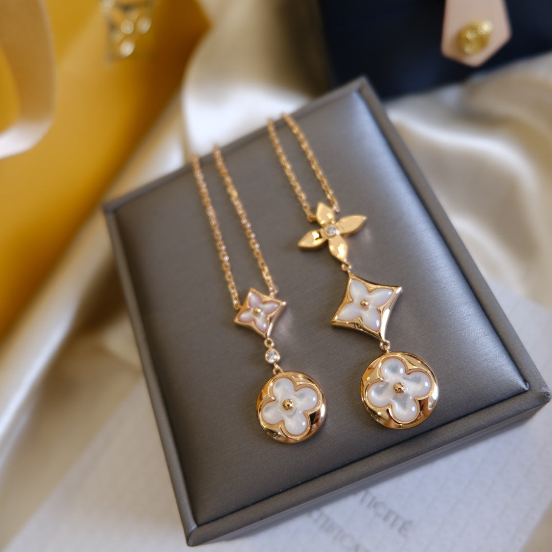 [Glow Muse]COLOR BLOSSOM LARIAT NECKLACE PINK GOLD WHITE MOTHER PEARL AND DIAMOND