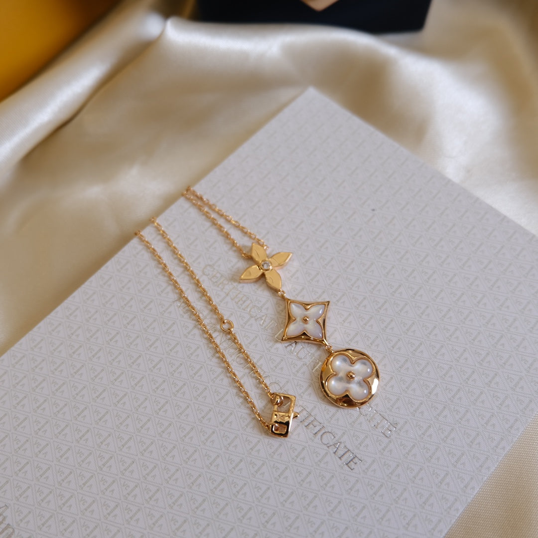 [Glow Muse]COLOR BLOSSOM LARIAT NECKLACE PINK GOLD WHITE MOTHER PEARL AND DIAMOND