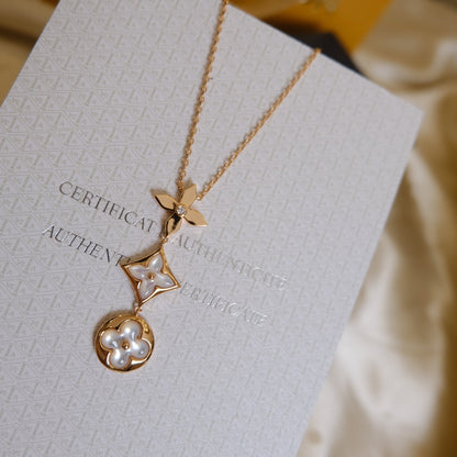 [Glow Muse]COLOR BLOSSOM LARIAT NECKLACE PINK GOLD WHITE MOTHER PEARL AND DIAMOND