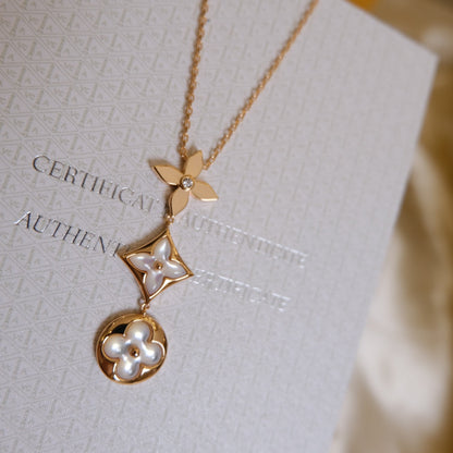 [Glow Muse]COLOR BLOSSOM LARIAT NECKLACE PINK GOLD WHITE MOTHER PEARL AND DIAMOND