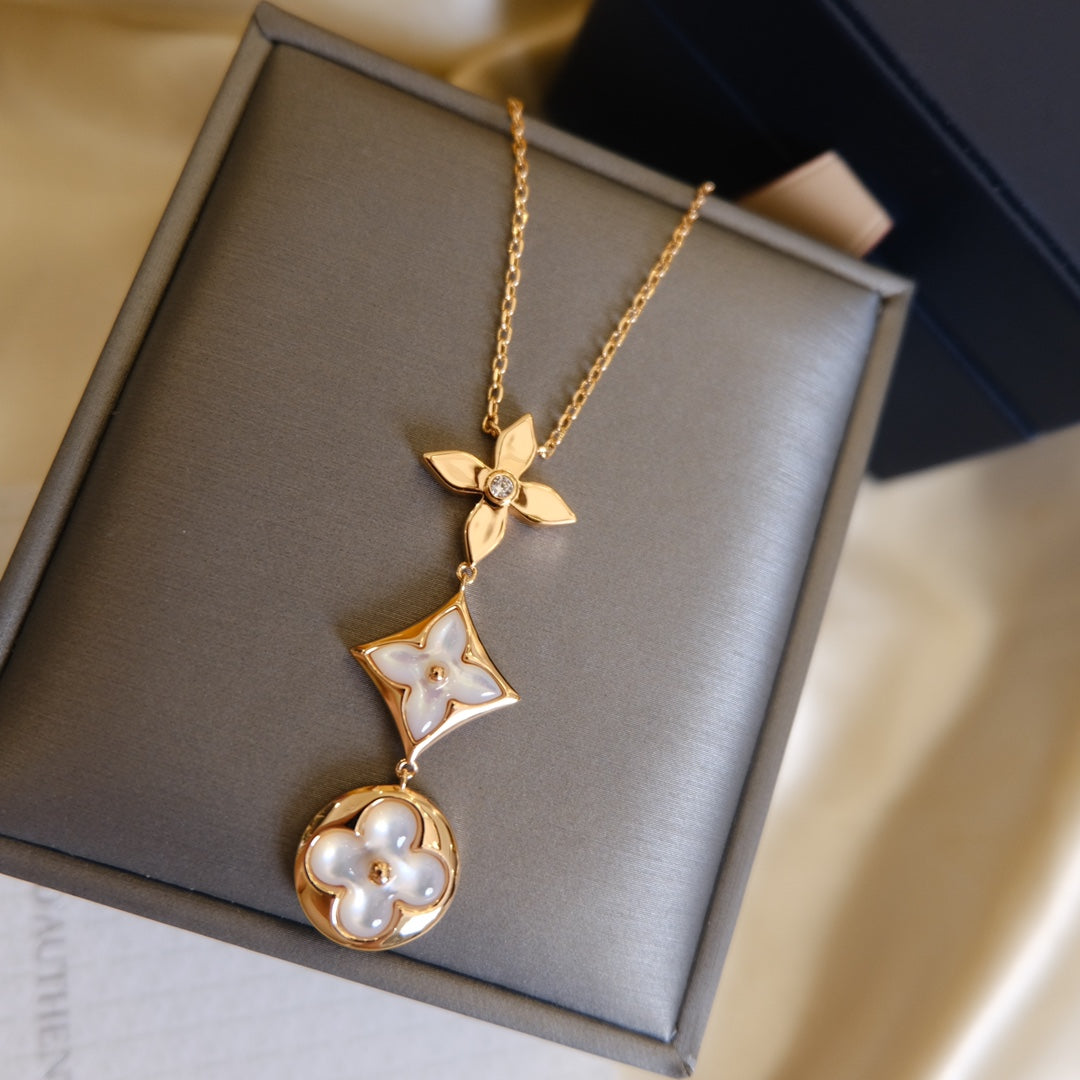 [Glow Muse]COLOR BLOSSOM LARIAT NECKLACE PINK GOLD WHITE MOTHER PEARL AND DIAMOND
