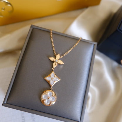 [Glow Muse]COLOR BLOSSOM LARIAT NECKLACE PINK GOLD WHITE MOTHER PEARL AND DIAMOND