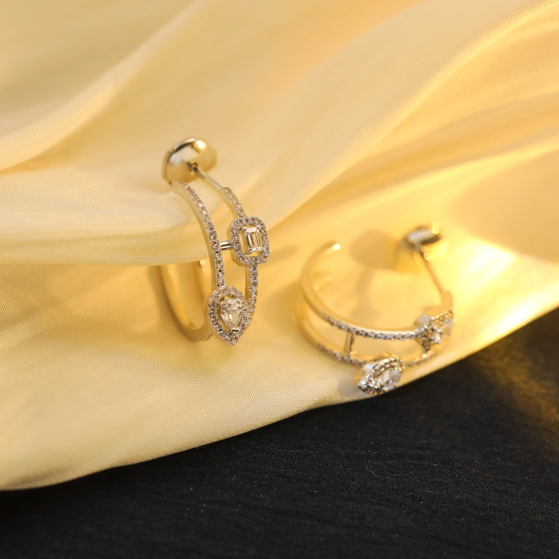 [Glow Muse]CREOLES MY TWIN 2 RANGS SILVER DIAMOND EARRINGS