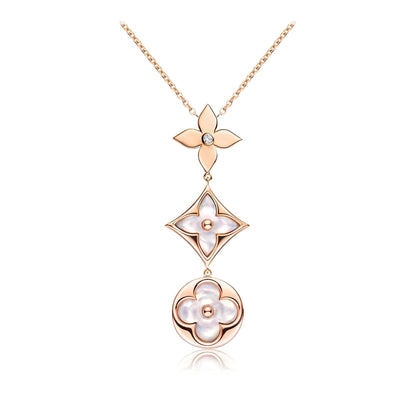 [Glow Muse]COLOR BLOSSOM LARIAT NECKLACE PINK GOLD WHITE MOTHER PEARL AND DIAMOND