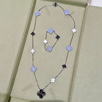 [Glow Muse]DETACHABLE CLOVER 15(11+4) FLOWER SILVER NECKLACE SET
