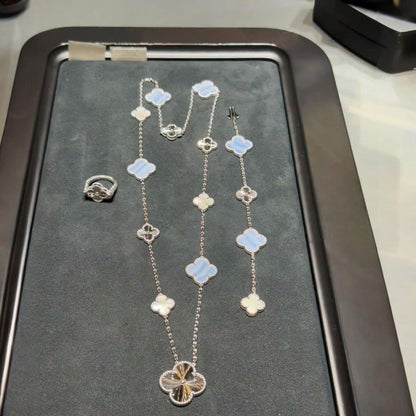[Glow Muse]DETACHABLE CLOVER 15(11+4) FLOWER SILVER NECKLACE SET