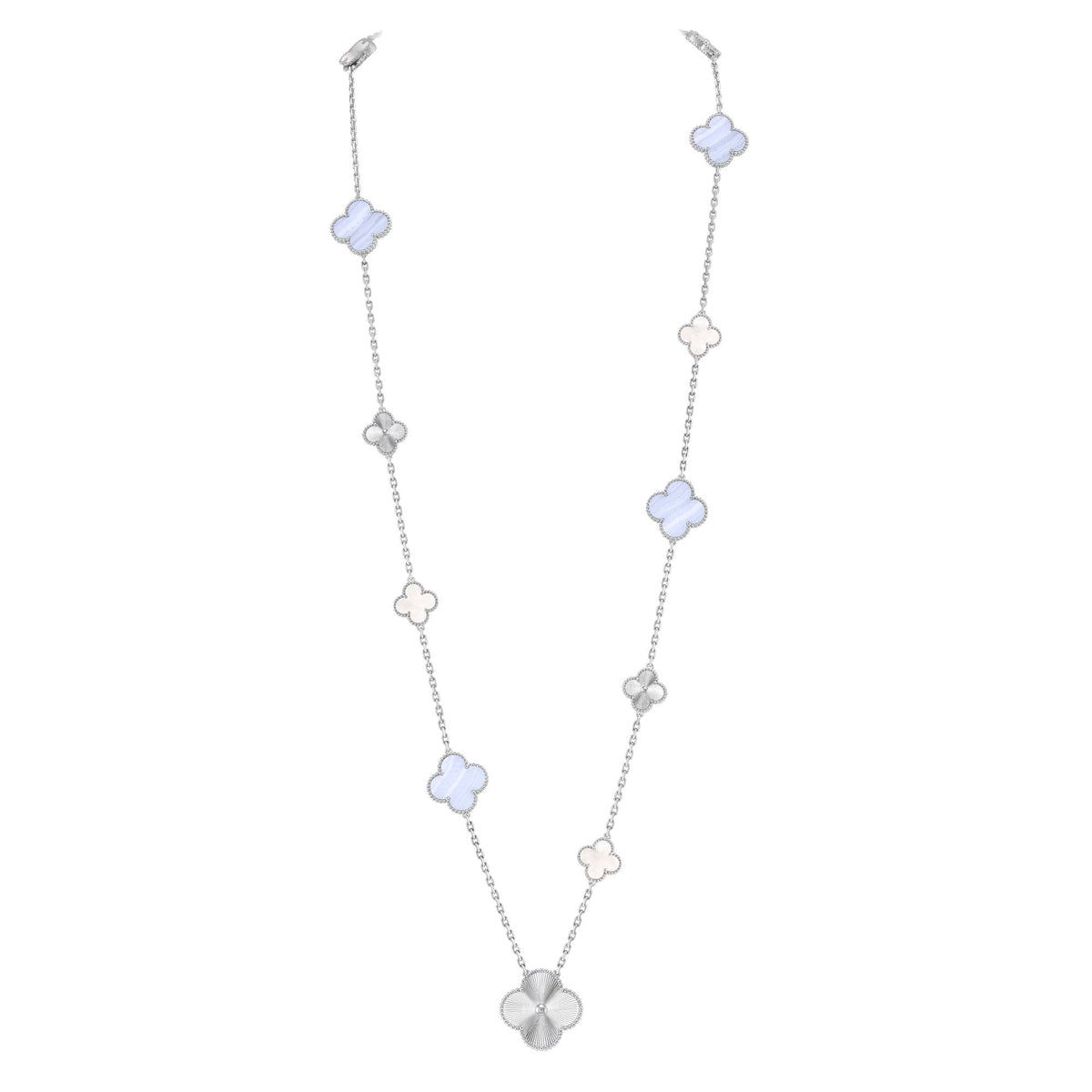 [Glow Muse]DETACHABLE CLOVER 15(11+4) FLOWER SILVER NECKLACE SET