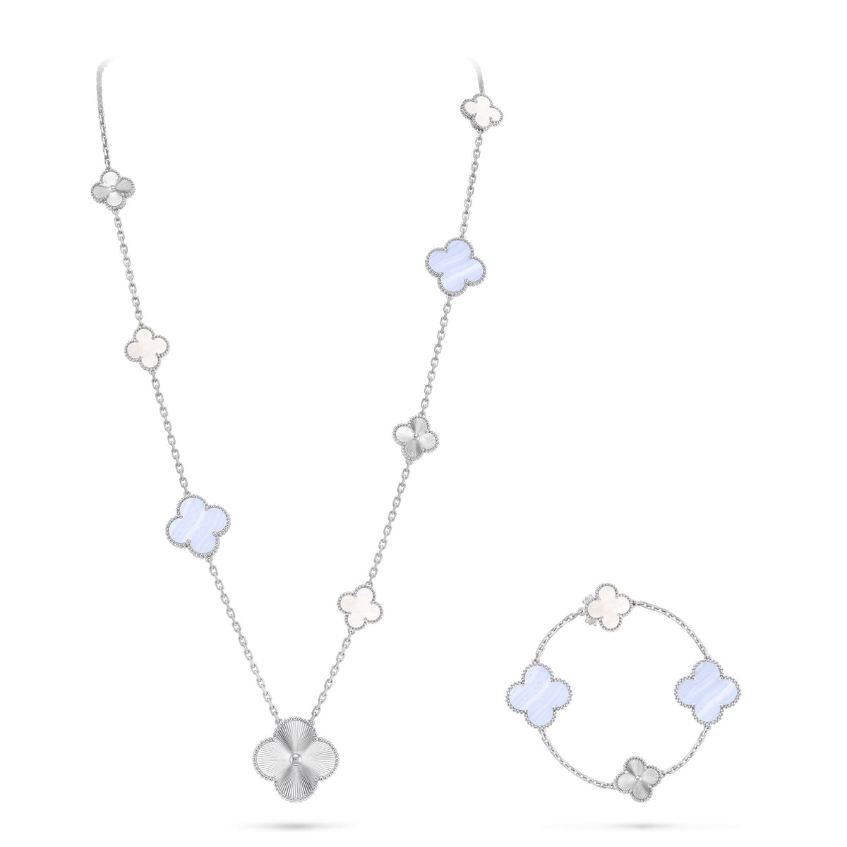 [Glow Muse]DETACHABLE CLOVER 15(11+4) FLOWER SILVER NECKLACE SET