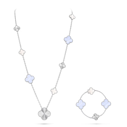 [Glow Muse]DETACHABLE CLOVER 15(11+4) FLOWER SILVER NECKLACE SET