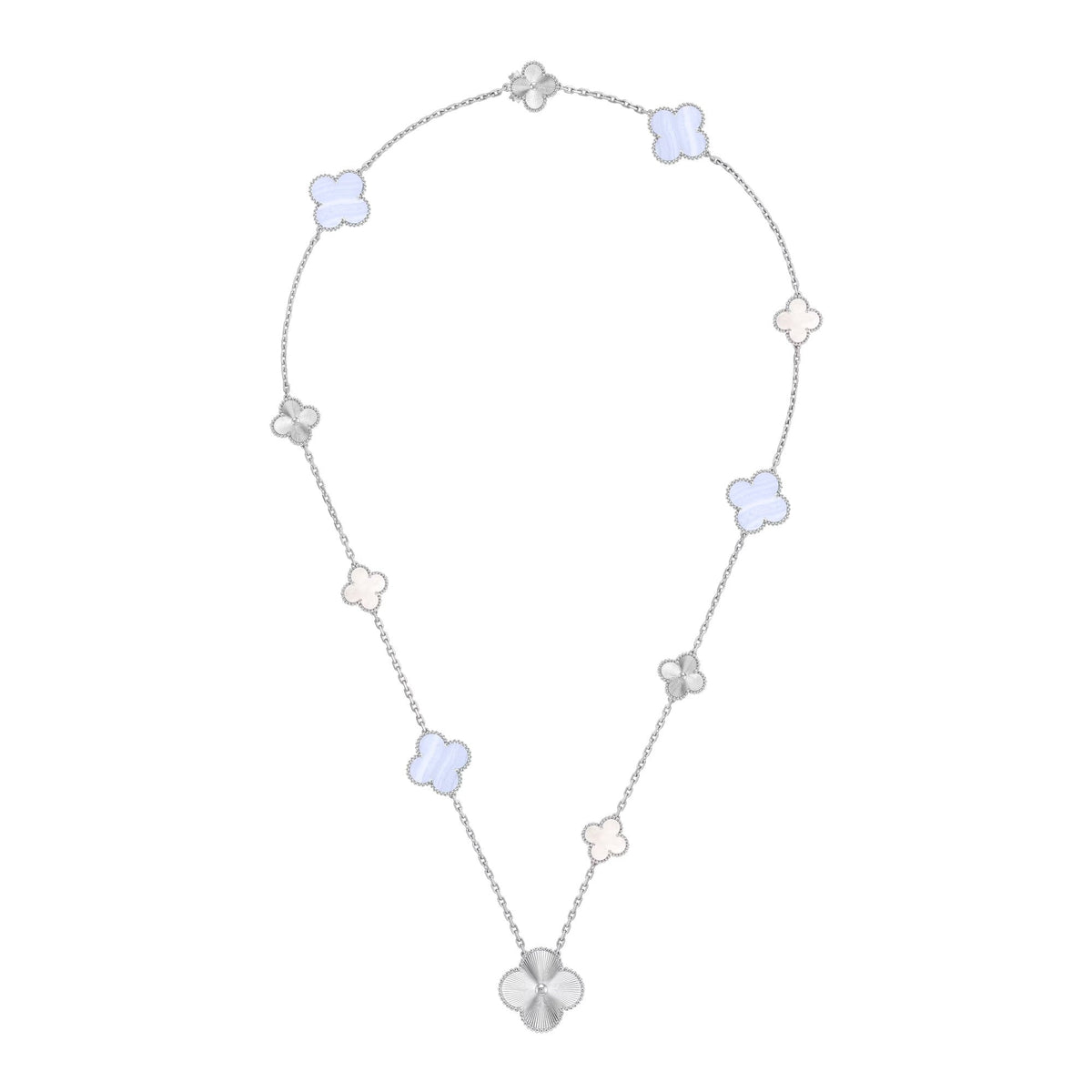 [Glow Muse]DETACHABLE CLOVER 15(11+4) FLOWER SILVER NECKLACE SET