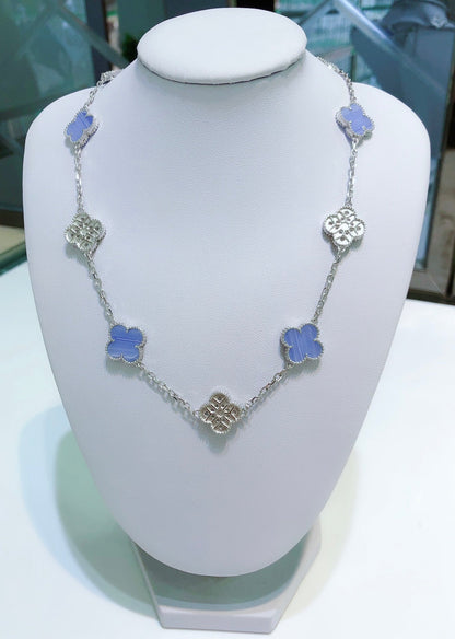 [Glow Muse]CLOVER 10 MOTIFS CHALCEDONY DIAMONDS SILVER NECKLACE
