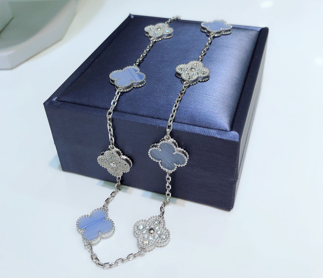 [Glow Muse]CLOVER 10 MOTIFS CHALCEDONY DIAMONDS SILVER NECKLACE
