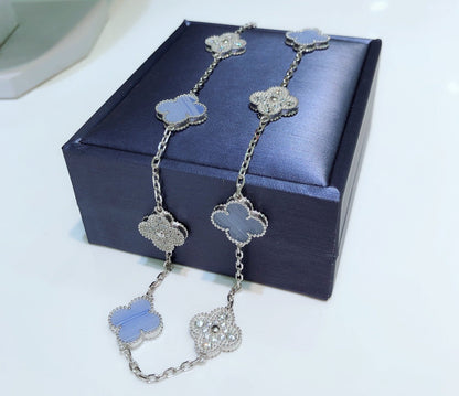 [Glow Muse]CLOVER 10 MOTIFS CHALCEDONY DIAMONDS SILVER NECKLACE