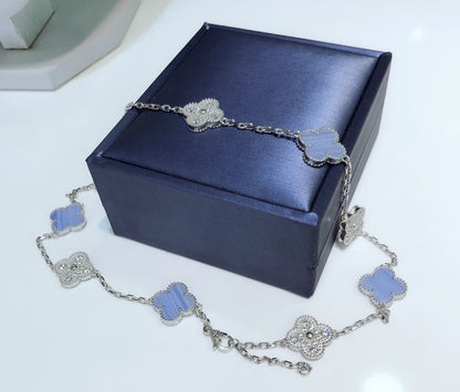 [Glow Muse]CLOVER 10 MOTIFS CHALCEDONY DIAMONDS SILVER NECKLACE