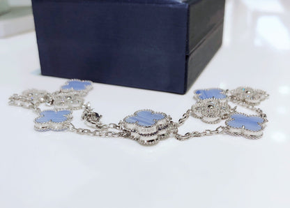 [Glow Muse]CLOVER 10 MOTIFS CHALCEDONY DIAMONDS SILVER NECKLACE