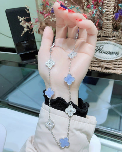 [Glow Muse]CLOVER 10 MOTIFS CHALCEDONY DIAMONDS SILVER NECKLACE